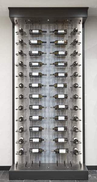 Float glass and cable wine racks store label view and cork forward bottles in four columns inside an open lit showcase
