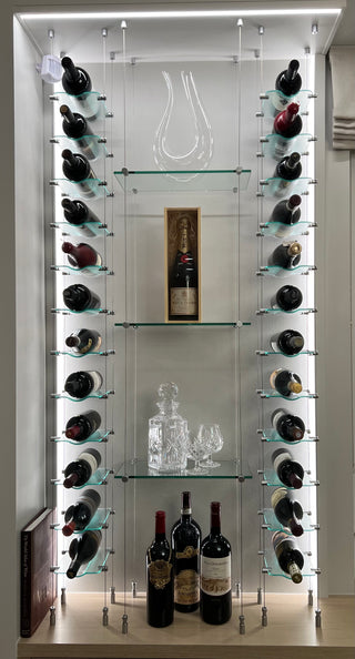 Modern wine shelf with installed Float cable wine rack holding wine bottles