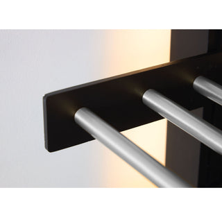 caption: Natural polished aluminum pegs shown on the Black V Bar Mounting System (shown for color reference only, choose your bottle width: 1, 2 or 3)