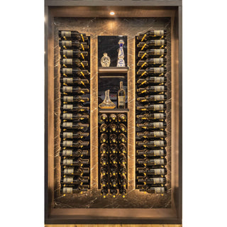 caption - THE SHOW VIndustry Wine Wall Featuring Black Glossy Acrylic Face Plates, 2 Deep Gold Pegs and Lighting Add-On (background not included)