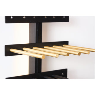 caption: Gold Pegs shown on the Black V Bar Mounting System (shown for color reference only, choose your bottle width: 1, 2 or 3)