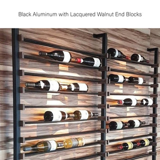 Millesime Streamline Wine Rack -Label forward black aluminum with Lacquered Walnut End Blocks label forward wine display