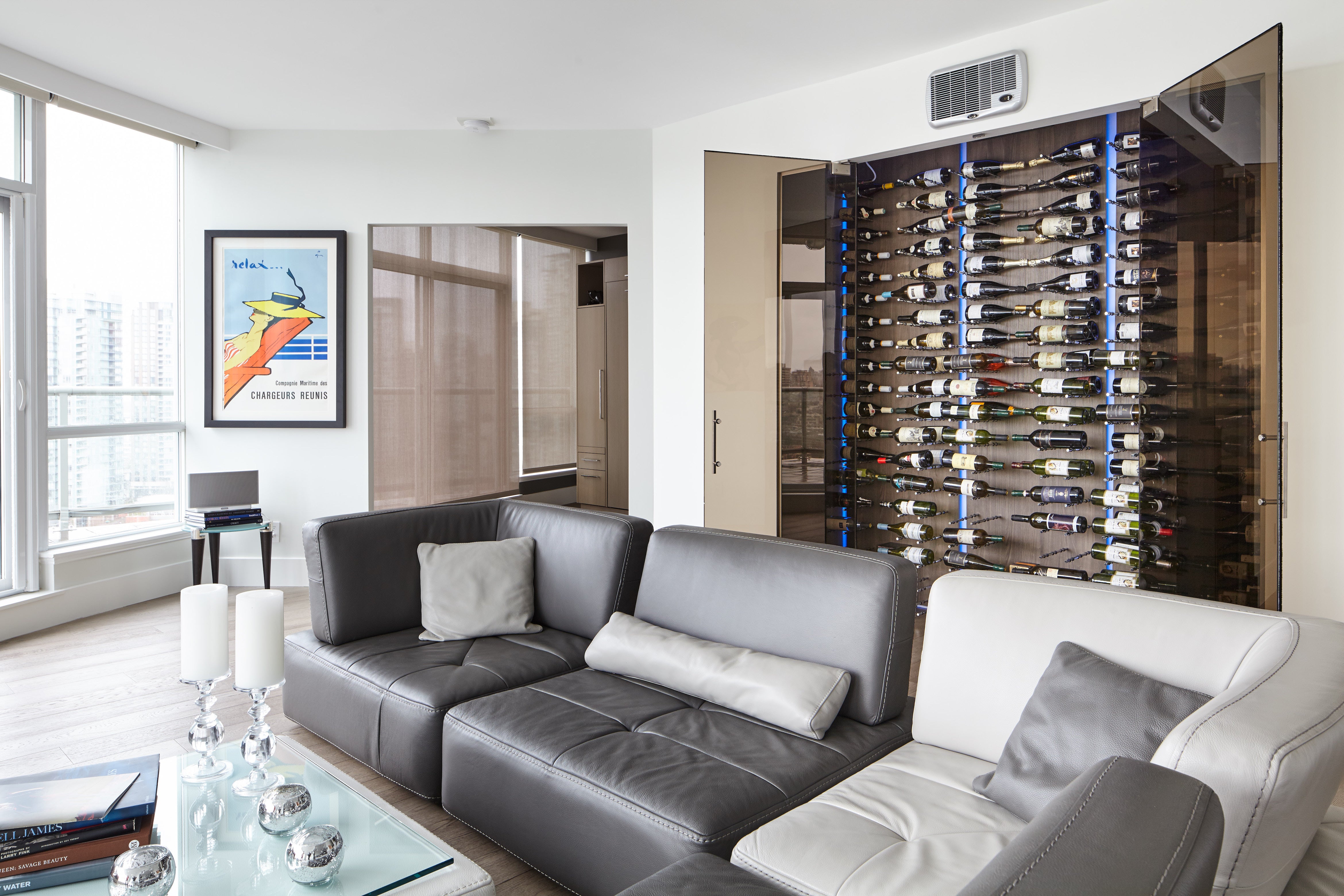 Wind Racking Wall 31. Peg Wine Racking with Backlit Panels – Blue Grouse Wine Cellars