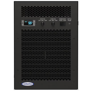 Black honeycomb-patterned device with digital display and control buttons, featuring the CellarPro logo.