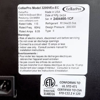 CellarPro refrigerator model 3200VEX-EC label with specifications and certifications.