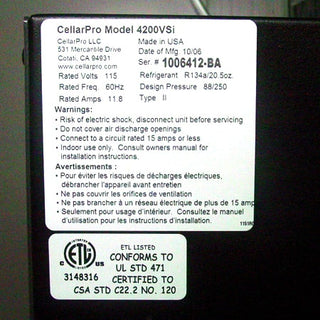 CellarPro 3200VSi-ECX Cooling Unit Cooling System  label and specs 