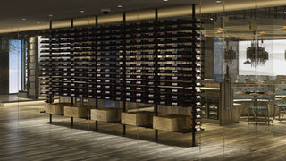 Floor-to-Ceiling Mounted Evolution Wine Racking with Bottles Both Sides in Glass Enclosure