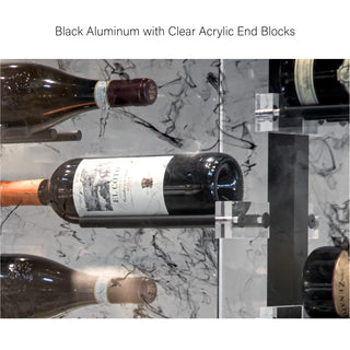 Millesime Floating Bottles Wine Rack  Label forward wine rack display black aluminum with clear acrylic end blocks modern label forward wine display