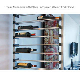 Millesime Floating Bottles Wine Rack - 2 Bottle Deep & 8 Feet High Label forward wine rack display clear aluminum with black lacquered end blocks