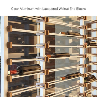 Millesime showcaseWine Rack - Label  forward wine rack display clear aluminum with lacquered walnut end blocks 
