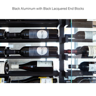 Millesime Floating Bottles Wine Rack - 2 Bottle Deep & 8 Feet High   Label forward wine rack display black lacquered end blocks