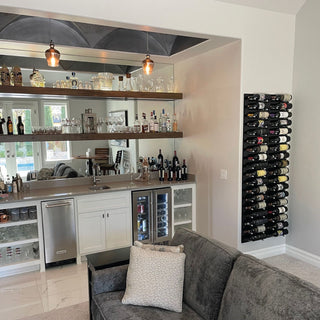 Black VINdustry Panels with Milled Aluminum Wine Pegs in Home Bar Display